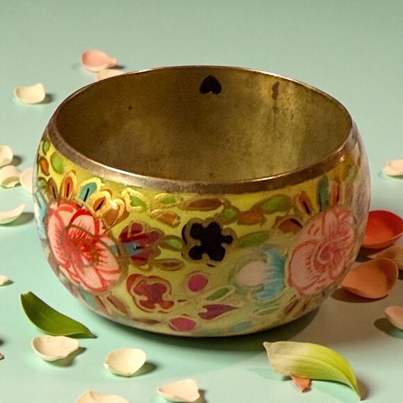 Vintage Jewelry - Vintage Bohemian Bangle Brass Green Pink Blue Floral Enamel Bracelet